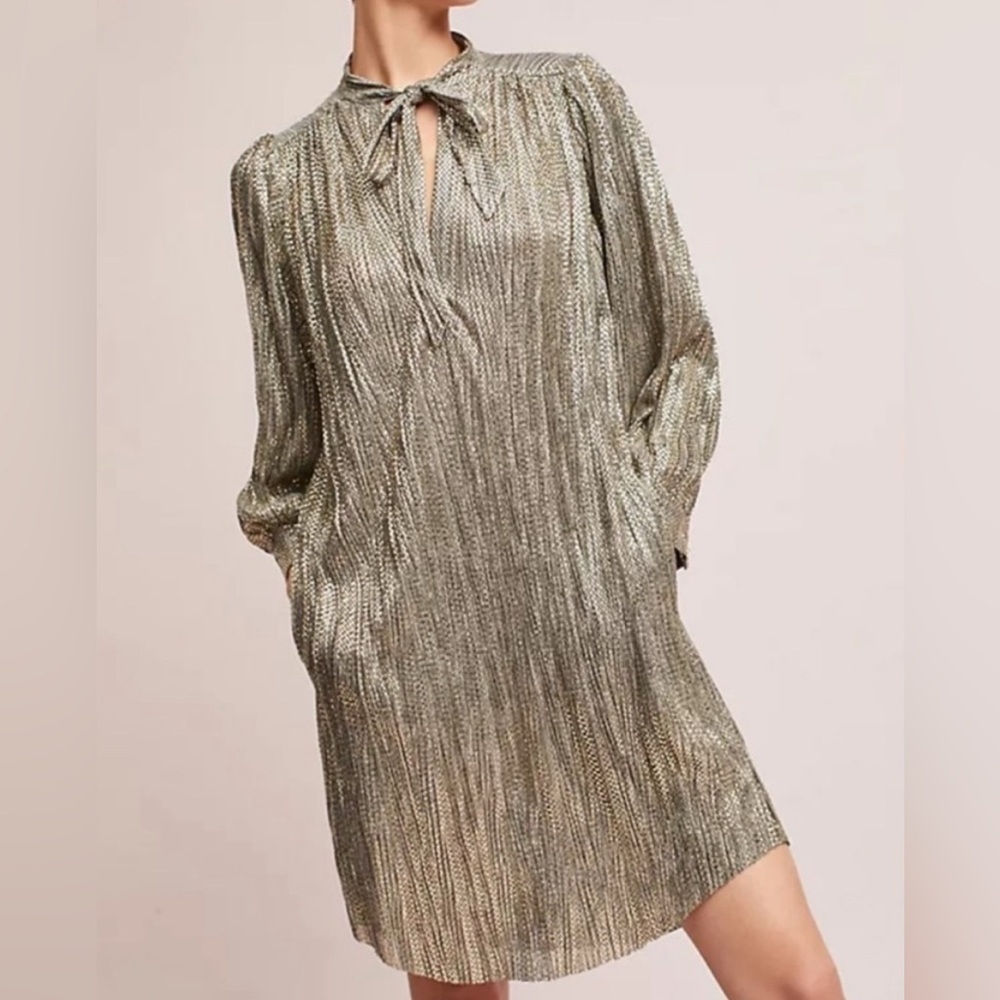 Sabina Musayev Anthropologie Eugene metallic mini tunic dress tie neck small